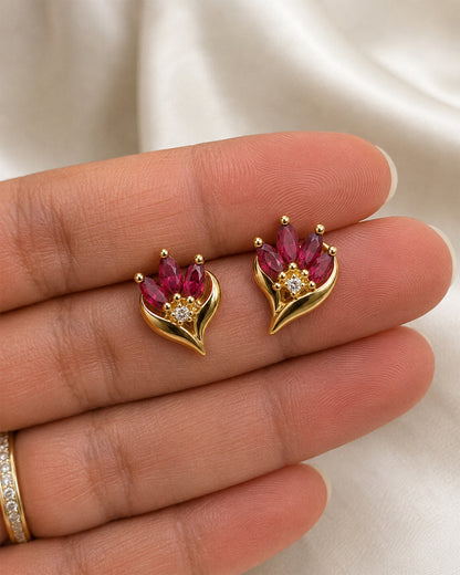 Ruby CZ Marquise Tulip Floral Stud Earrings – Gold Plated 925 Silver