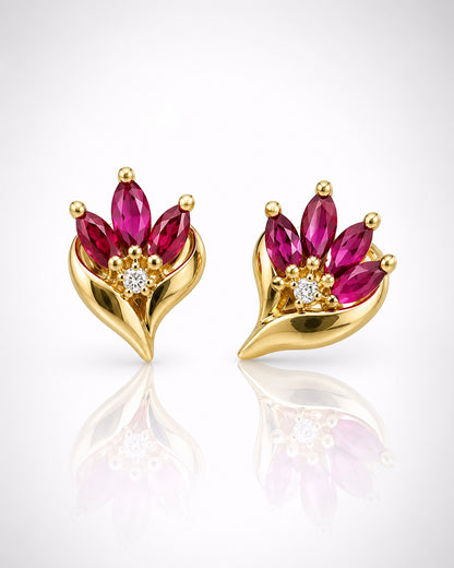 Ruby CZ Marquise Tulip Floral Stud Earrings – Gold Plated 925 Silver