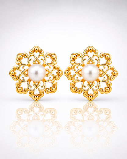 Filigree Mandala Pearl Centre Stud Earrings – Gold Plated 925 Silver
