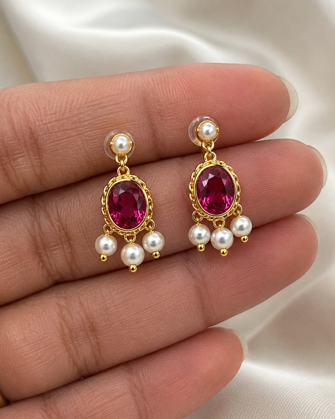 Oval Hydro Ruby & Pearl Chandelier Drop Earrings – Gold Plated 925 Silver