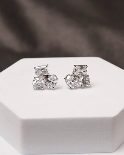 Princess & Oval CZ Cluster Stud Earrings in 925 Silver