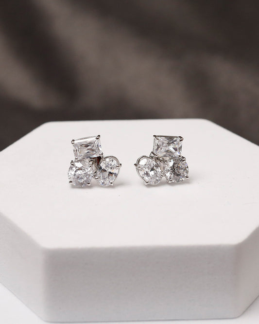 Princess & Oval CZ Cluster Stud Earrings in 925 Silver