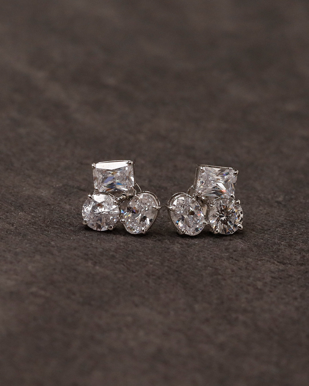 Princess & Oval CZ Cluster Stud Earrings in 925 Silver