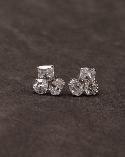 Princess & Oval CZ Cluster Stud Earrings in 925 Silver