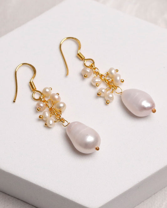 Baroque Freshwater Pearl Cluster Drop Earrings – Gold Plated 925 Silver