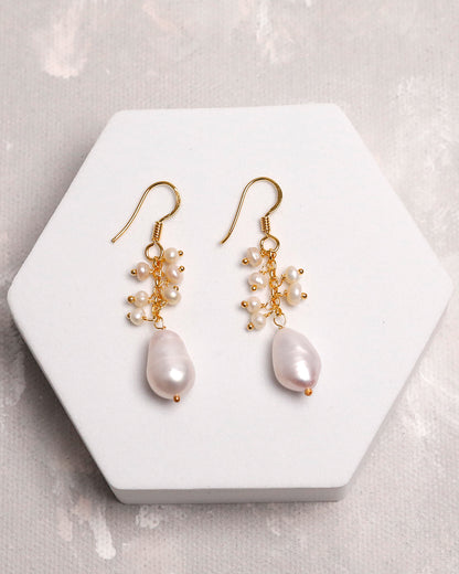 Baroque Freshwater Pearl Cluster Drop Earrings – Gold Plated 925 Silver