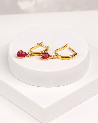 Hydro Ruby Teardrop Charm Huggie Earrings – Gold Plated 925 Silver