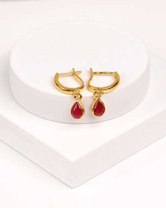 Hydro Ruby Teardrop Charm Huggie Earrings – Gold Plated 925 Silver