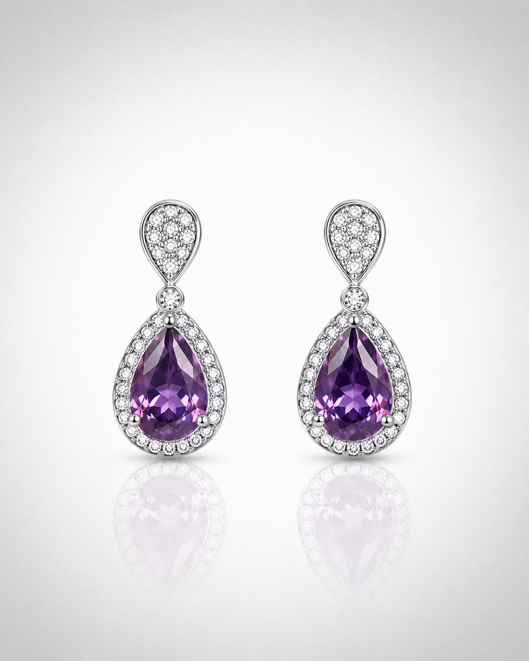 Pear Amethyst Halo Drop Earrings – 925 Silver