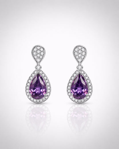 Pear Amethyst Halo Drop Earrings – 925 Silver