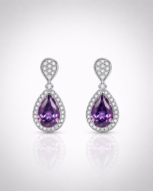 Pear Amethyst Halo Drop Earrings – 925 Silver