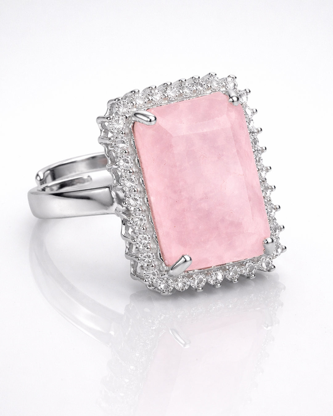 Rose Quartz Rectangle Statement Ring (925 Silver)