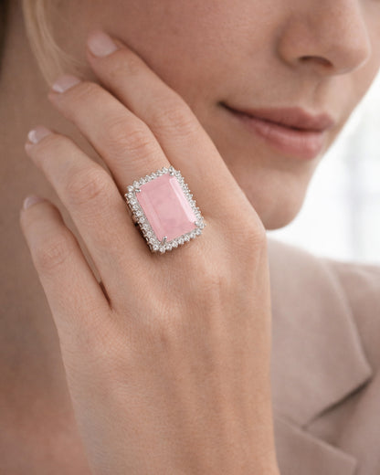 Rose Quartz Rectangle Statement Ring (925 Silver)