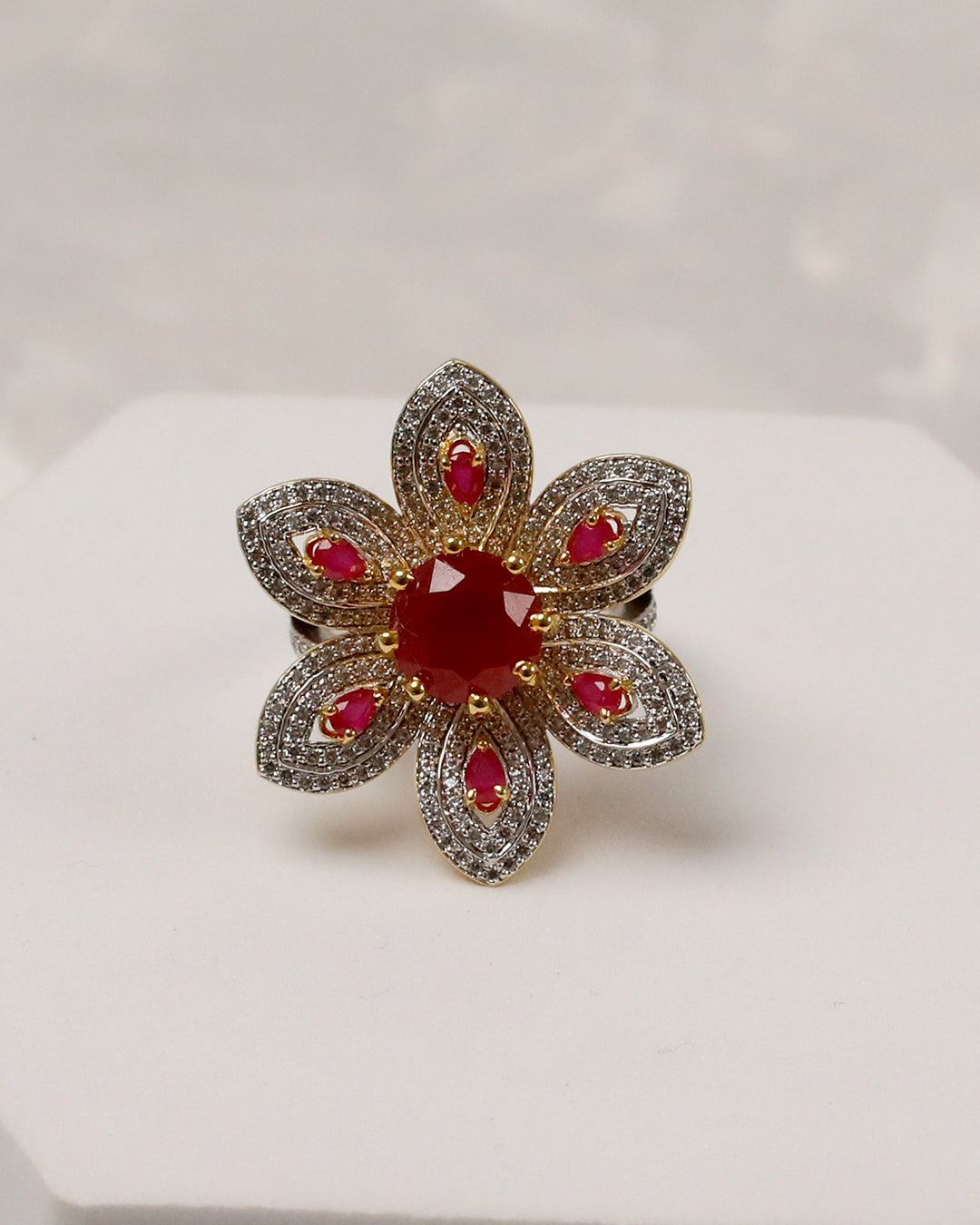 Ruby Bold floral cocktail Ring (925 Silver)
