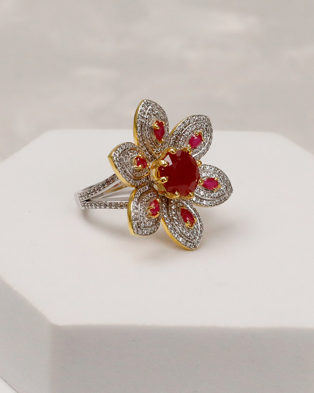 Ruby Bold floral cocktail Ring (925 Silver)