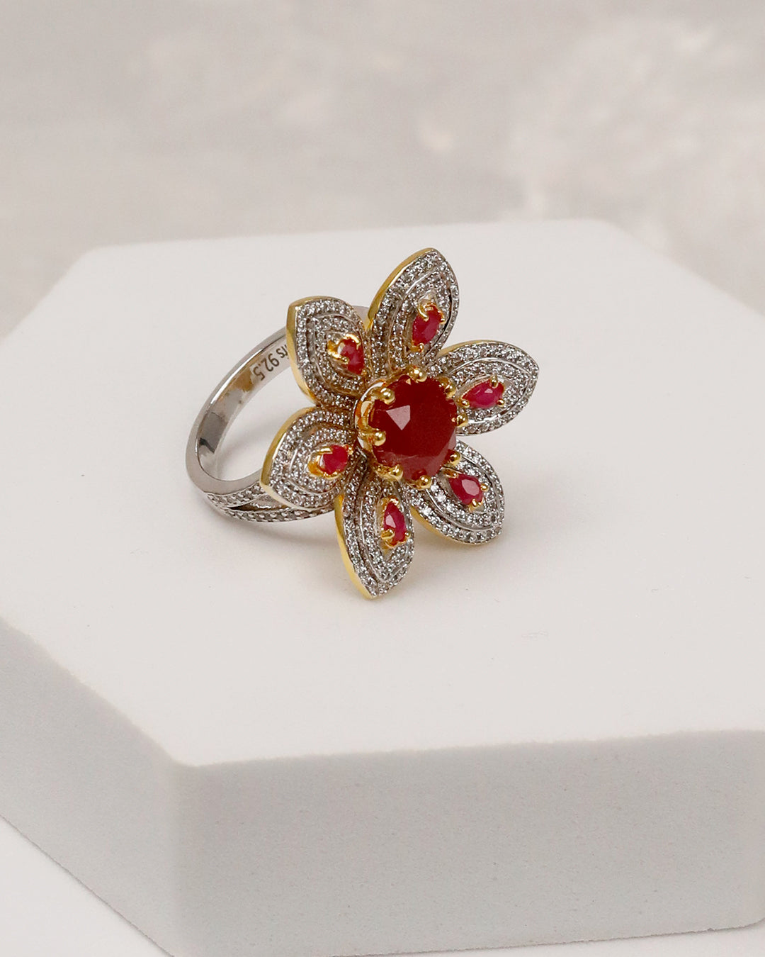 Ruby Bold floral cocktail Ring (925 Silver)
