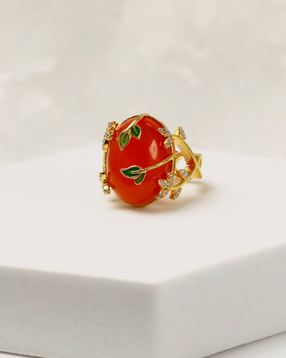 Carnelian Leaf Enamel Embrace Ring (925 Silver)