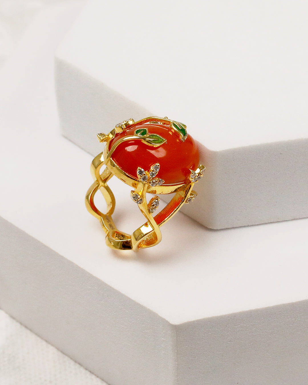 Carnelian Leaf Enamel Embrace Ring (925 Silver)
