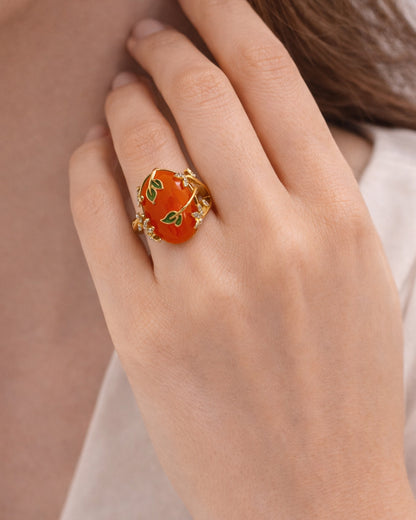 Carnelian Leaf Enamel Embrace Ring (925 Silver)