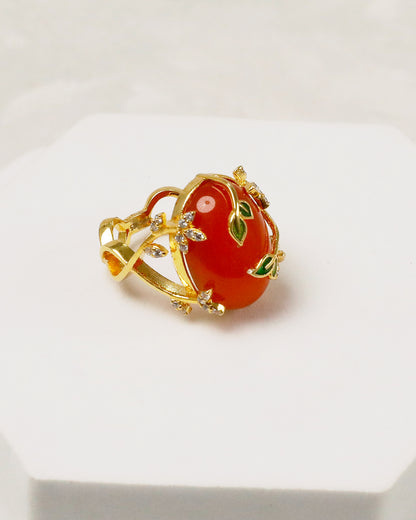 Carnelian Leaf Enamel Embrace Ring (925 Silver)