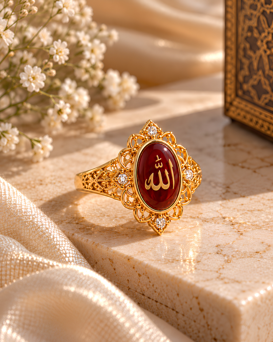 Allah Engraved Aqeeq Ornate Filigree Ring
