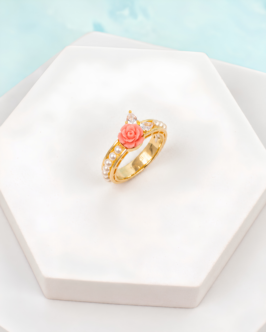 Coral Rose & Pearl Band Ring