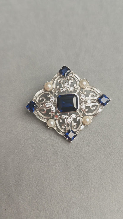 Art Deco Diamond Brooch in 925 Silver | Multi-Sapphire & Pearl Composition