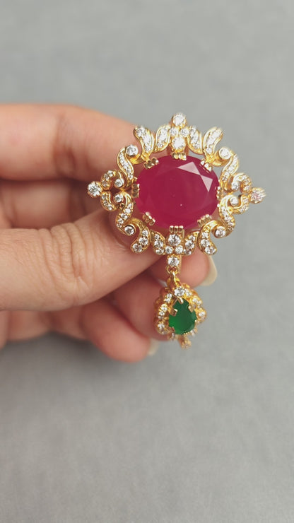Royal Mughal Brooch in 925 Silver | Oval Ruby Centre with Emerald Drop