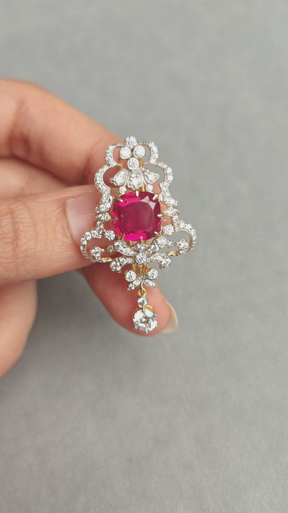 Victorian Filigree Brooch in 925 Silver | Cushion-Cut Ruby Centre Stone